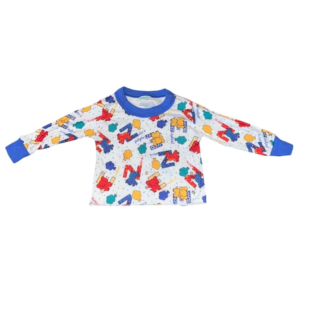 Vintage Healthtex Toddler 3T Alphabet Animal Pajama Top Blue Ringer AOP